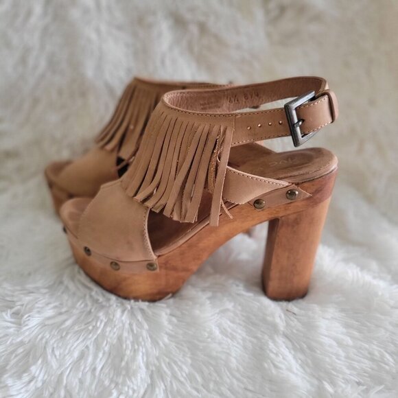 Five Worlds by Cordani Tijuana Tan Fringe Platform Sandals Wooden Heels EU 36.5 - Picture 2 of 10